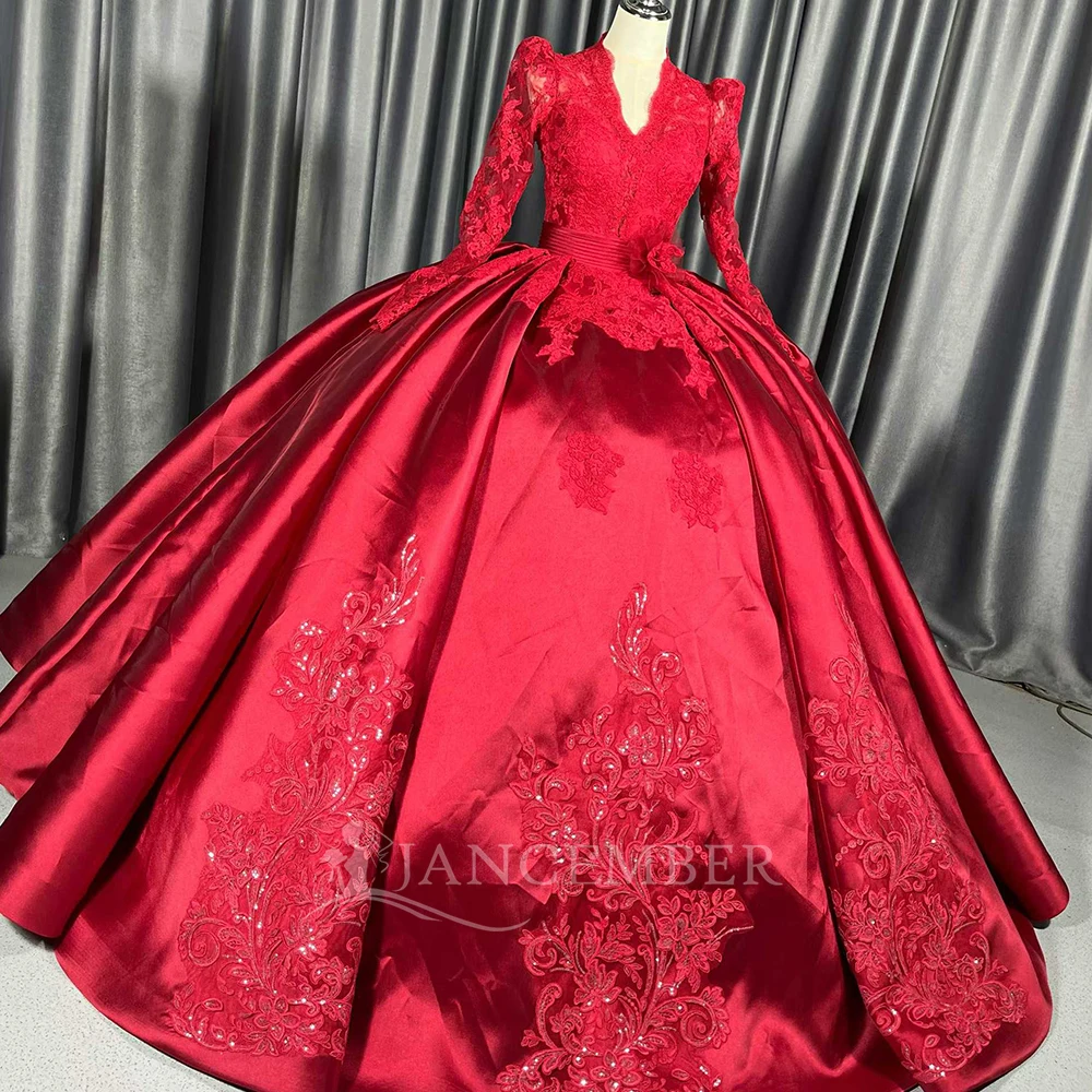 Customized Elegant Ball Gown Princess Wedding Dresses V-neck Long Sleeves Satin Made Bridal Gown Train فساتين حفلات
