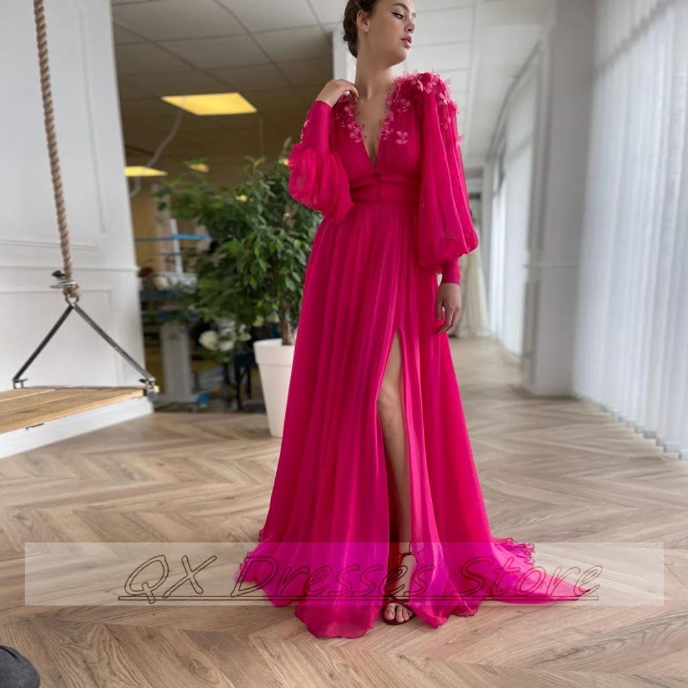 Vestidos de fiesta de gasa fucsia personalizados, novedad de 2022, mangas largas simples abombadas, cuello en V, corte en A, vestidos de noche plisados con mariposa