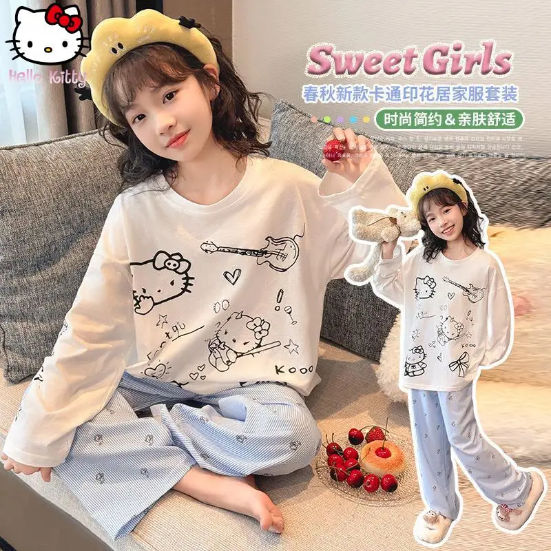 

2 шт., новые тонкие пижамы с длинными рукавами в стиле аниме «Hello Kitty», Sanrio для подростков, домашний костюм с героями мультфильмов аниме, приятный для кожи, мягкий