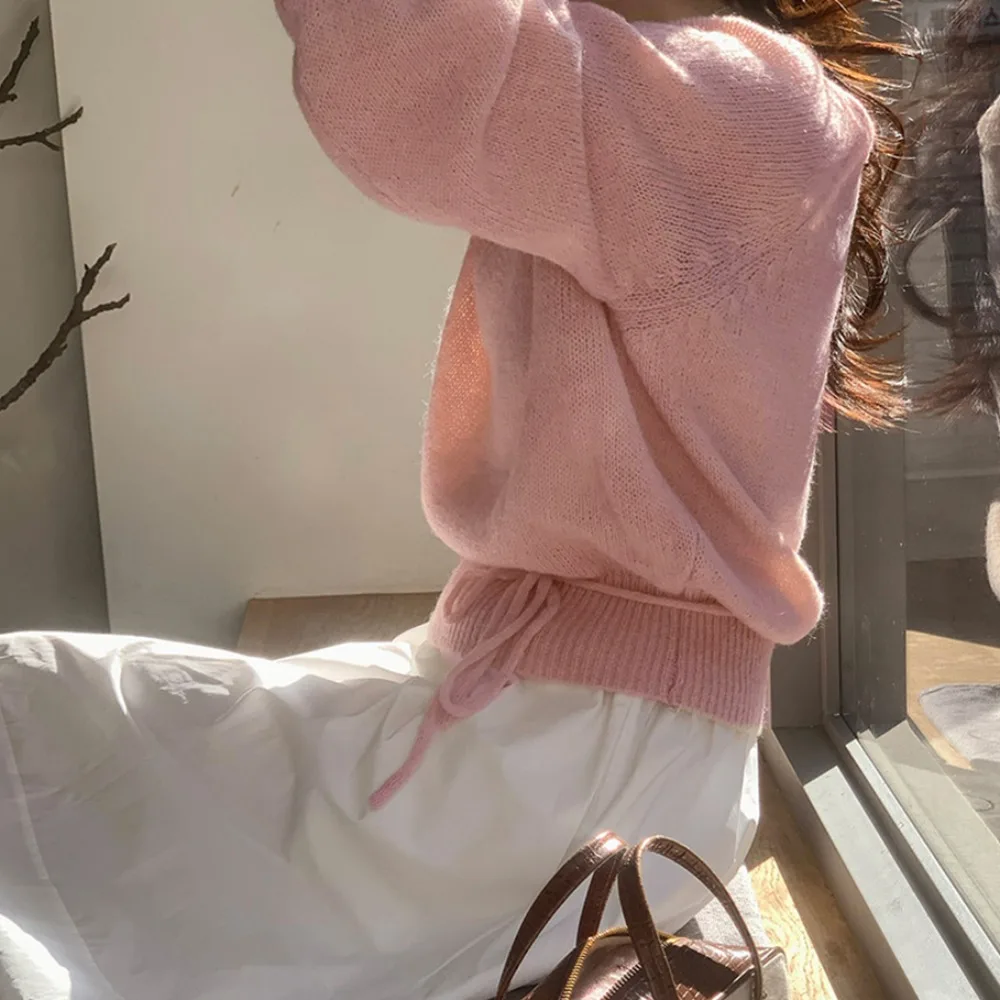 Frauen Gestrickte Pullover Thiened Lange Sve runde Ne Reine Farbe Gürtel Taille Inning Knoten Herbst Winter Neue Sle