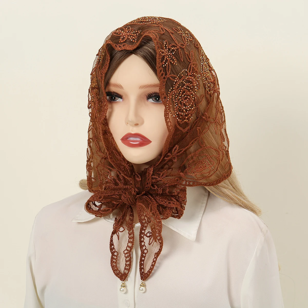 Rhinestone Embroidered Floral Square Lace Scarf For Woman Turban Summer Sun Protection Wraps Ladies Bandana Travel Soft Headband