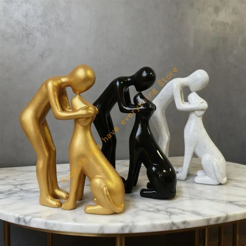 Man and Dog Statue Human Dogs Figurines Sculpture Modern Home Office Decors Friendship Remembrance Gift for Pet Lover 55KF