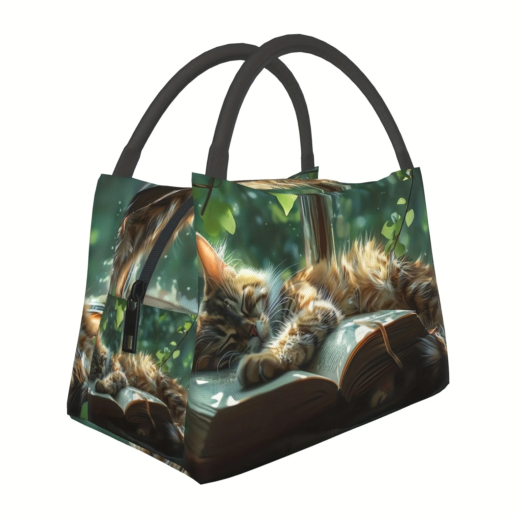 Sleeping Cat on Book Lunch Bag Insulated Polyester Tote Reusable Cooler Box for Office School Picnic Travel for Adults