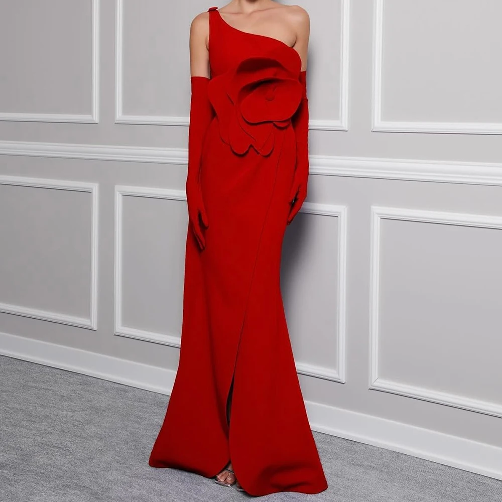 

Customized Jersey Straight One Shoulder Detachable Sleeve Appliques and Buttons Evening Dress Floor Length Panel Train Red