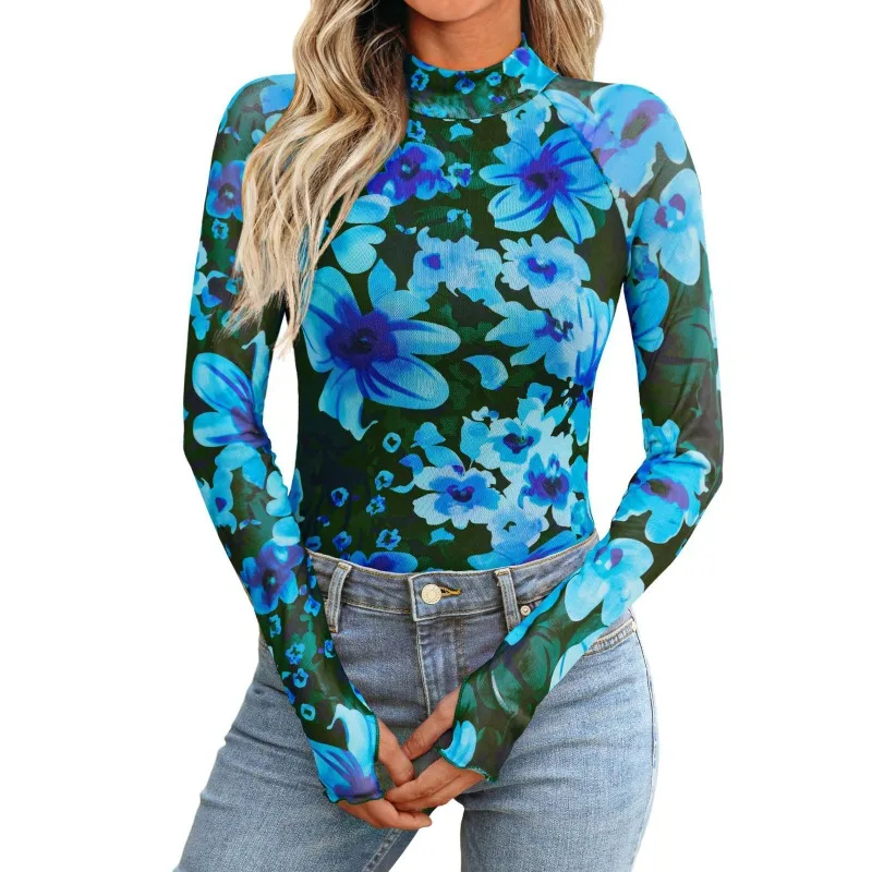 Floral Mesh Crew Neck Long Sleeve Top Women Autumn Sheer Thumb Hole Elegant Slim Fit Tee S-XXL