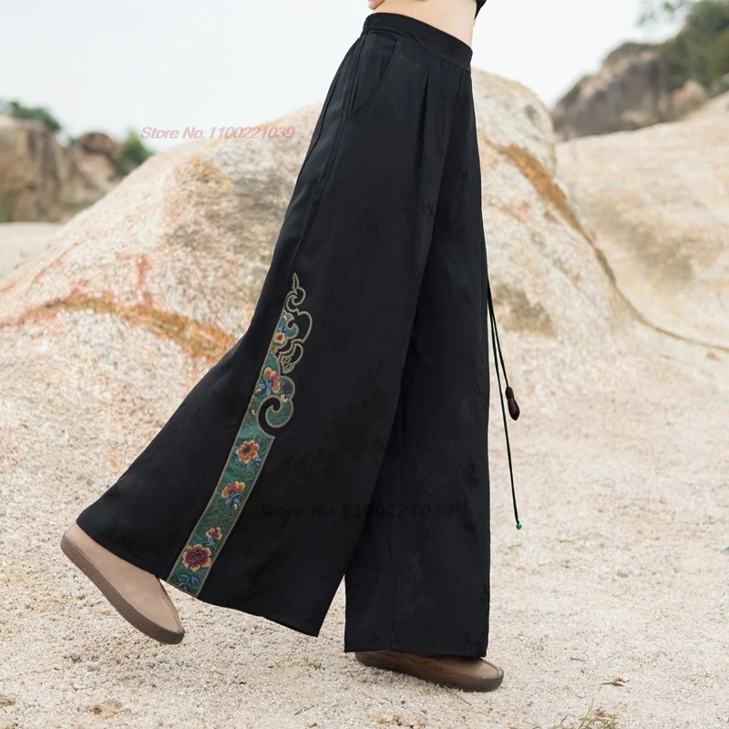 

2024 chinese vintage pants satin jacquard folk trousers national flower embroidery loose pants elastic waist wide leg trousers