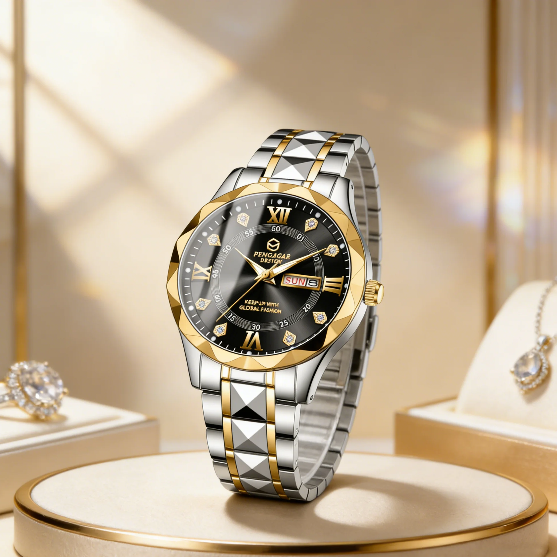 

PENGAGAR Men’s Fashion Quartz Watch: Geometric Faceted Bezel, Roman Numeral Dial, Reliable Timekeeping,Men Business Wristwatch
