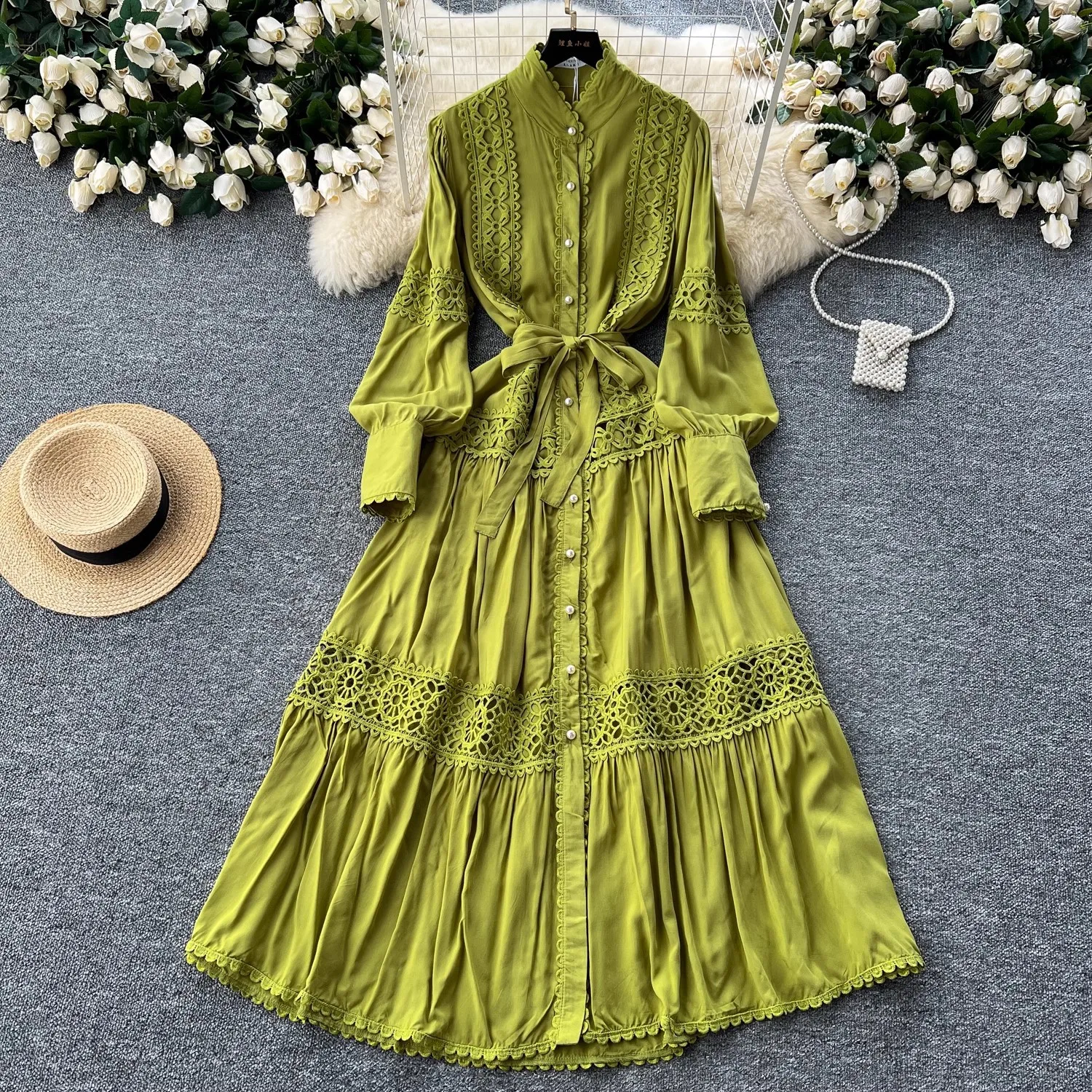 

Bohemian Retro Embroidered Dress Lace Splicing Pearl Single-Breasted Stand Collar Lantern Sleeve Swing Beach Dress Women Vestido