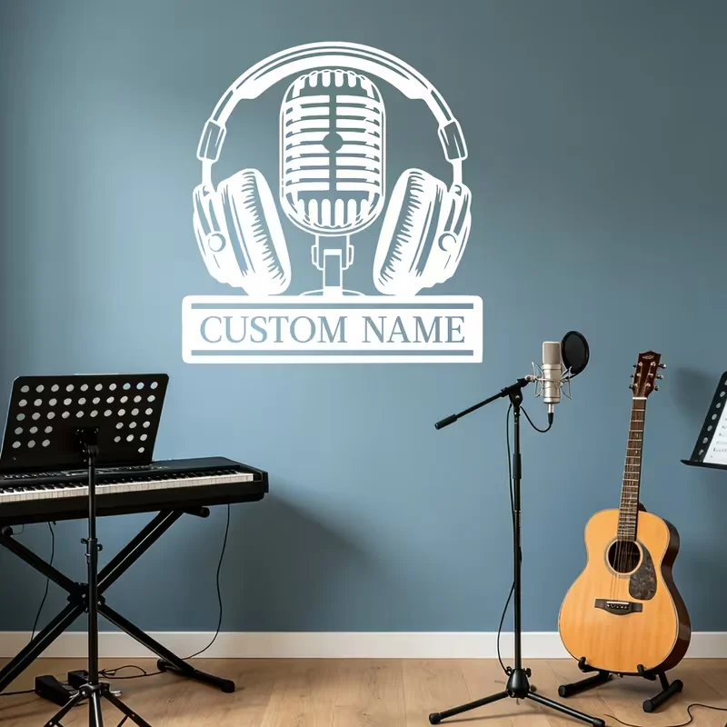 Custom Name Microphone Headphones Vinyl Wall Sticker, Personalized Music Studio Decor Decal with Retro Audio Equipment Pattern,
