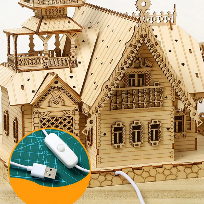 DIY Wooden Assembled Villa 3D Light-up Castle Puzzle Set Kid Adult Diy Model Birthday Gifts Home Desktop Decor New Year Gift