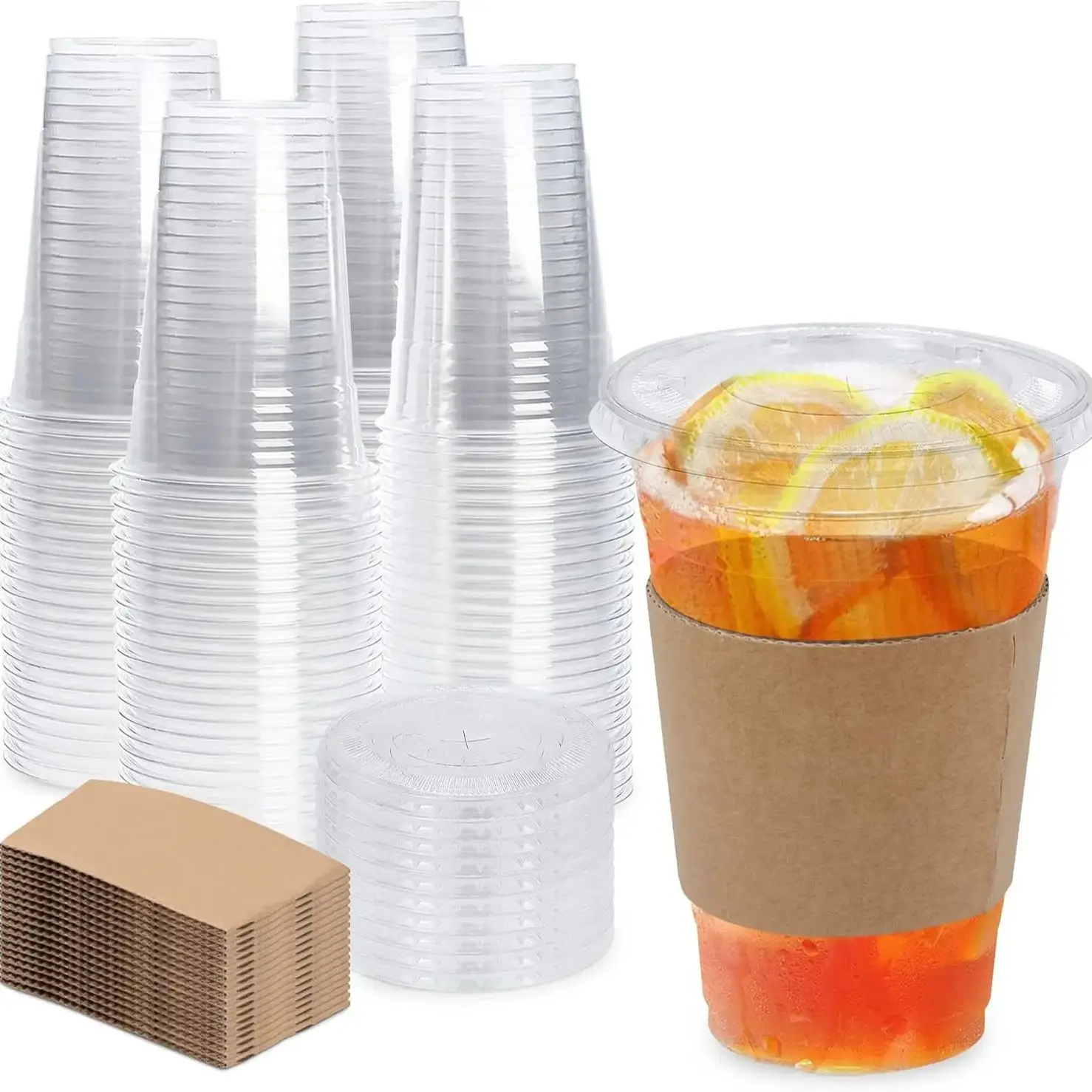 

50 Sets Clear Plastic Cups with Lids Straws and Cup Sleeve Disposable Plastic Iced Coffee Cup for Cold Drinks Juice Smoothie