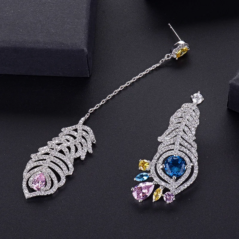 

Asymmetric colorful feather women's AB style earrings tassel long romance ear accessory