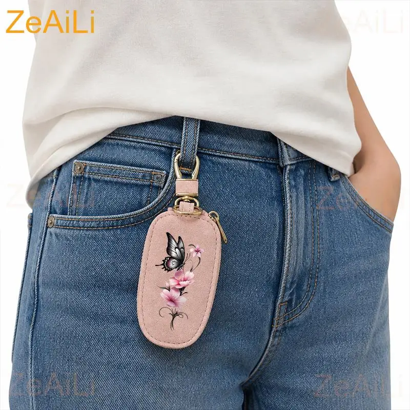 Ink-Style Butterfly And Flowers PU Key Case Unisex Key Bag Universal Portable Large Capacity Multifunctional Car Key Chain