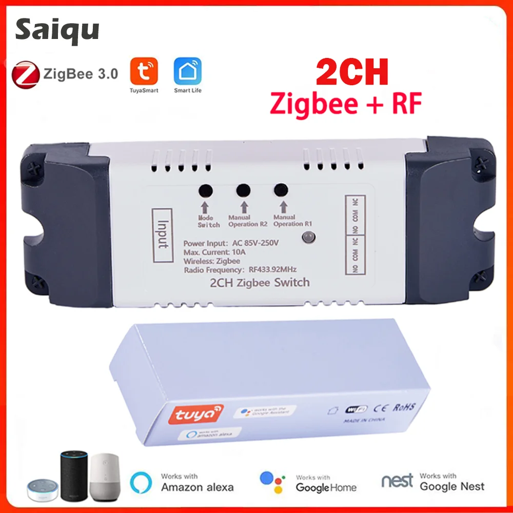 2CH Zigbee Smart Wireless Timer Switch Receiver Module AC/DC7-32V AC85-250V RF433MHZ Tuya Smart light Garage Door Opener