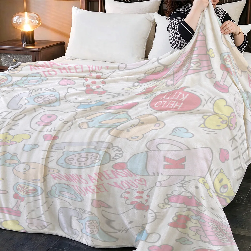 Cute Hello Kitty Flannel Blanket Cartoon Print Throw Blanket Soft Warm Fleece Sofa Car Camping Baby Gift Blanket