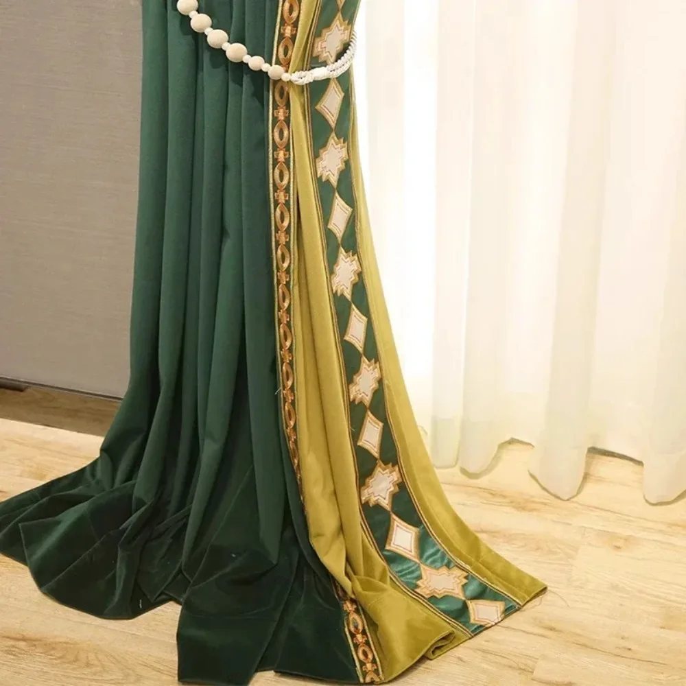 

Dark Green Yellow Embroidery Velvet Patched Curtains For Living Room Bedroom French Window Villa Customized Product Valance
