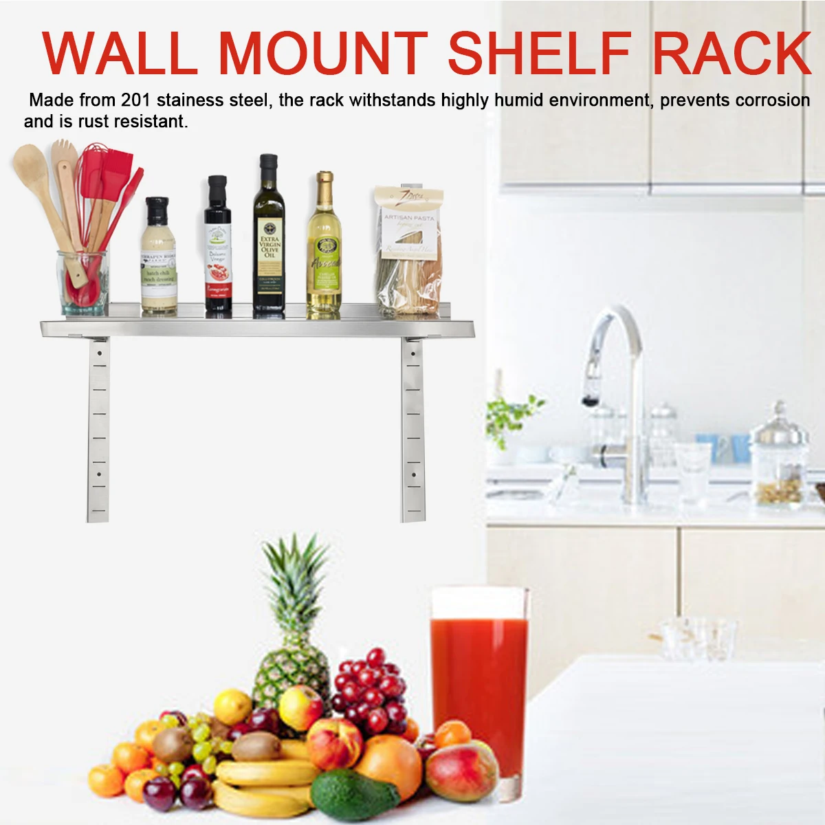 Wall Mounted Bathroom Rack 1 Tier 201 Stainess Steel Storage Holder Strip Kitchen Shelves Accessories Space Length 70cm/27.56"