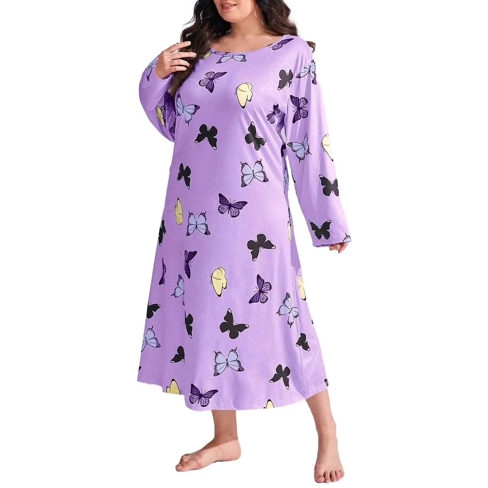 Soft Pajama Casual Set Women Long Sleeve Print Shoulder Drop Oversize Casual Long Sleepwear Dress Koszule Nocne