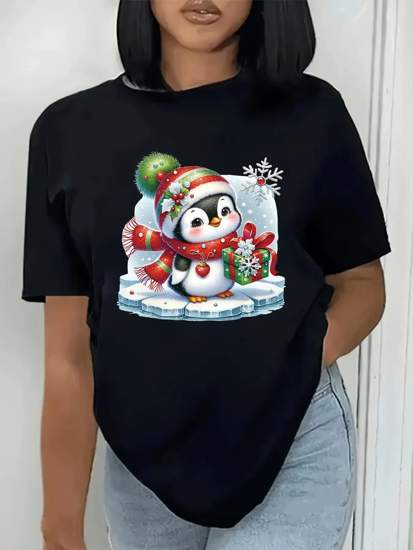 

Christmas Penguin T-Shirt with Cute Penguin Santa Hat Print Snowflakes Short Sleeve Crew Neck Harajuku Short Sleeve Casual