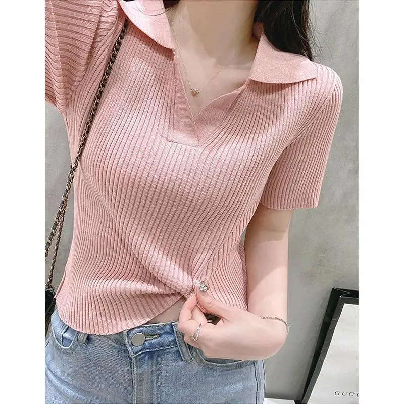 2024 Korean Version Simple Solid Color Knitted Sweater Short Sleeve Summer Slim Lapel Versatile Short Top