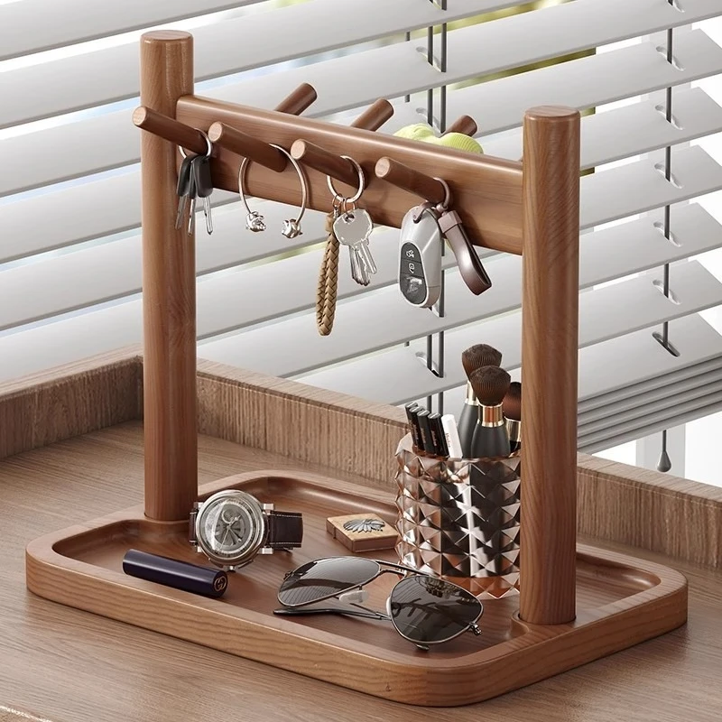 Nordic Style 6-Hook Key Holder with Tray-SolidWood Vertical Storage Display Rack for Keys,Watches,Entryway Organizer for Bedroom