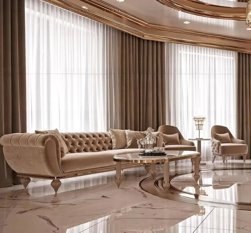 Luxury 2-3 Seater Stainless Steel Leather Sectional Sofa Set Newest Button Design for Home & Hotel Filled with Sponge