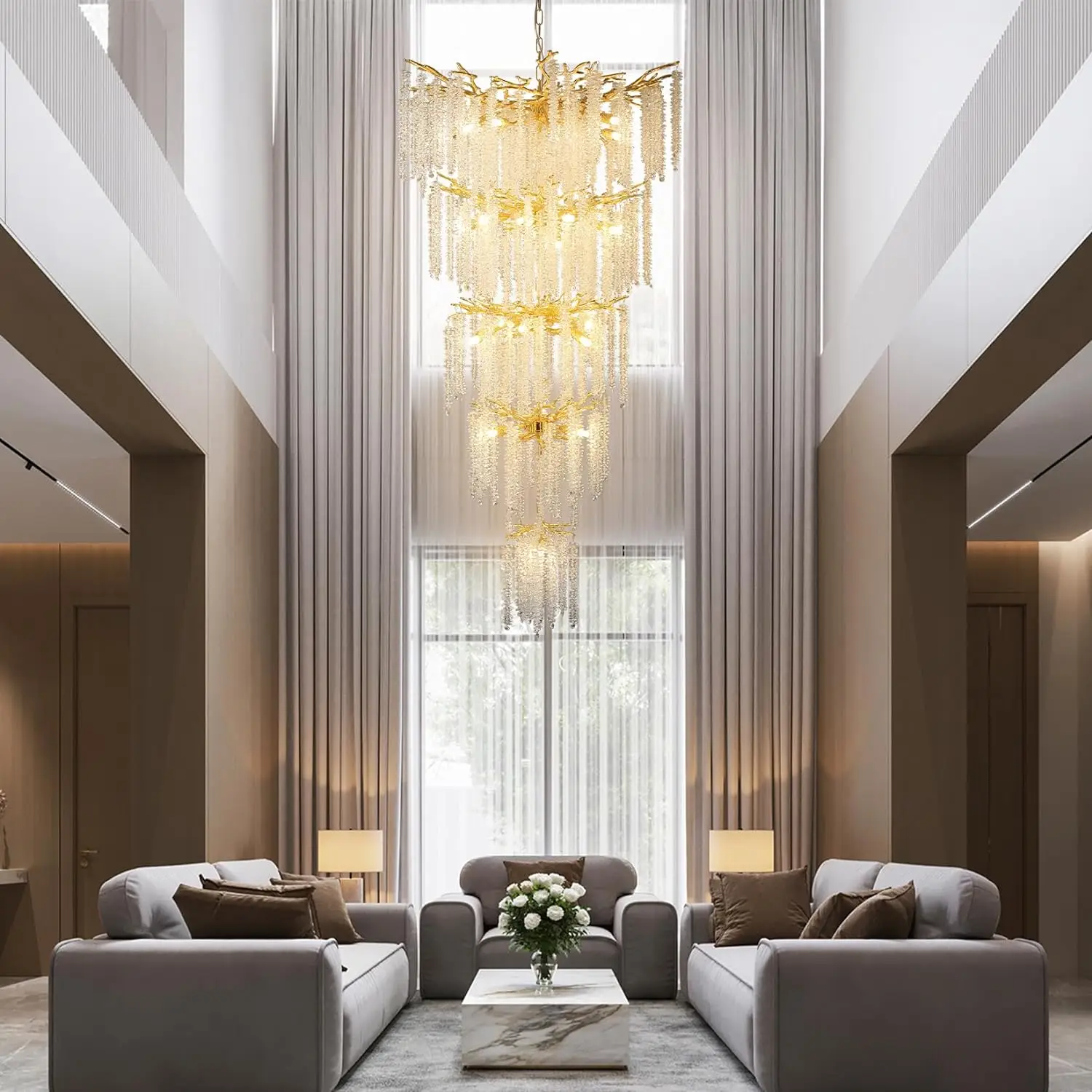 Nordic Luxury Loft Crystal Ceiling Chandelier Light For Stairscase Living Room Villa Hotel Tassel Crystal Hanging Chandelier