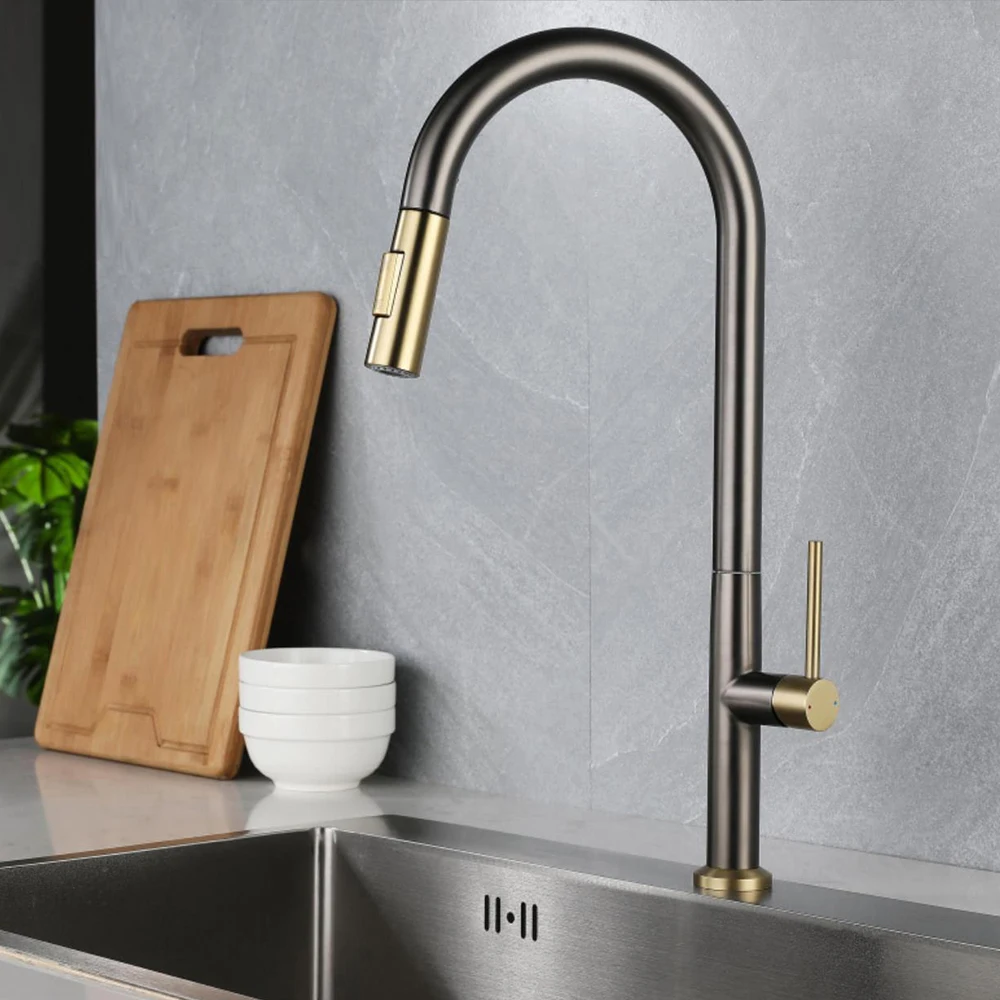 Kitchen Sink Faucet Stainless Steel Material Mixer Water Cold & Hot 80cm Hose Pull Down 360 Rotation 2 Modes Water Out