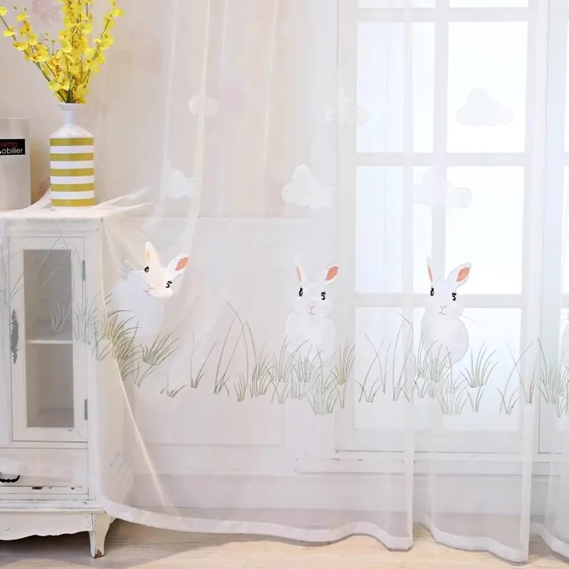 Simple Semi-blackout Gauze Curtain Living Room Bedroom Light-transmitting Bay Window Partition Embroidered Gauze Cartoon Child