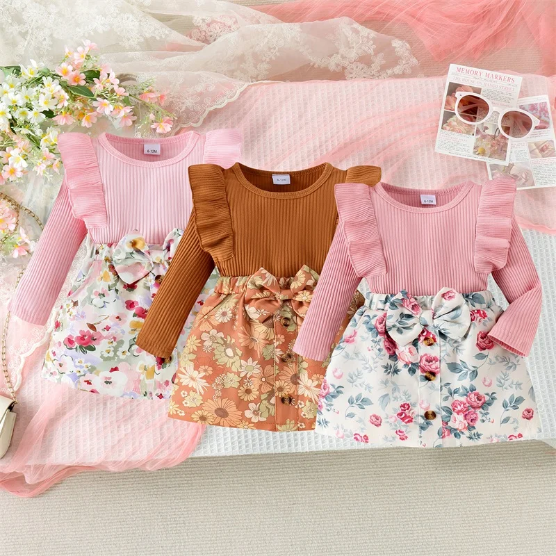 

2024-06-28 Lioraitiin 2-Piece Girls Skirt Set Long Sleeve Ruffle Ribbed Tops Flower Print Single-breasted Short Skirt Outfits