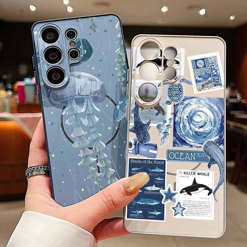 Capa Magnética com Estampa de Baleia e Água-Viva para Samsung Galaxy S26 S25 S24 S23 Ultra S25 FE A57 A56 A37 A17 A55 A16 A26 A36