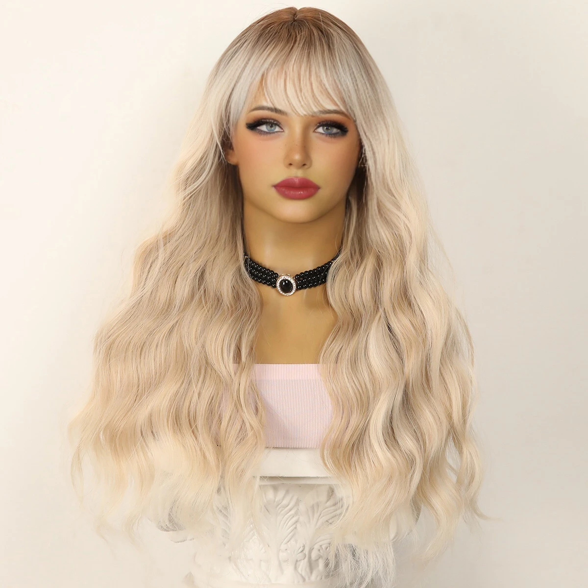 

Natural Gray White Long Curly Synthetic Wig For Women White Gold Texture And Large Waves Role-Playing Lolita Party Wig