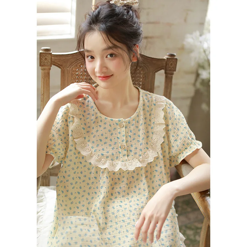 Summer Pajamas Women's Korean Gentle Small Floral Simple Comfortable Lace Cotton Yarn Short-sleeved Loungewear Set