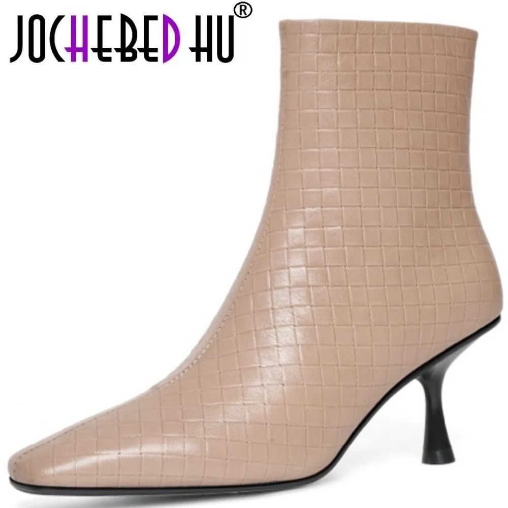 

【JOCHEBED HU】Women's Handmade Genuine Leather High Heel Winter New Padded Slim Fit Square Toe Thin Heel Zipper ort Boots 34-40