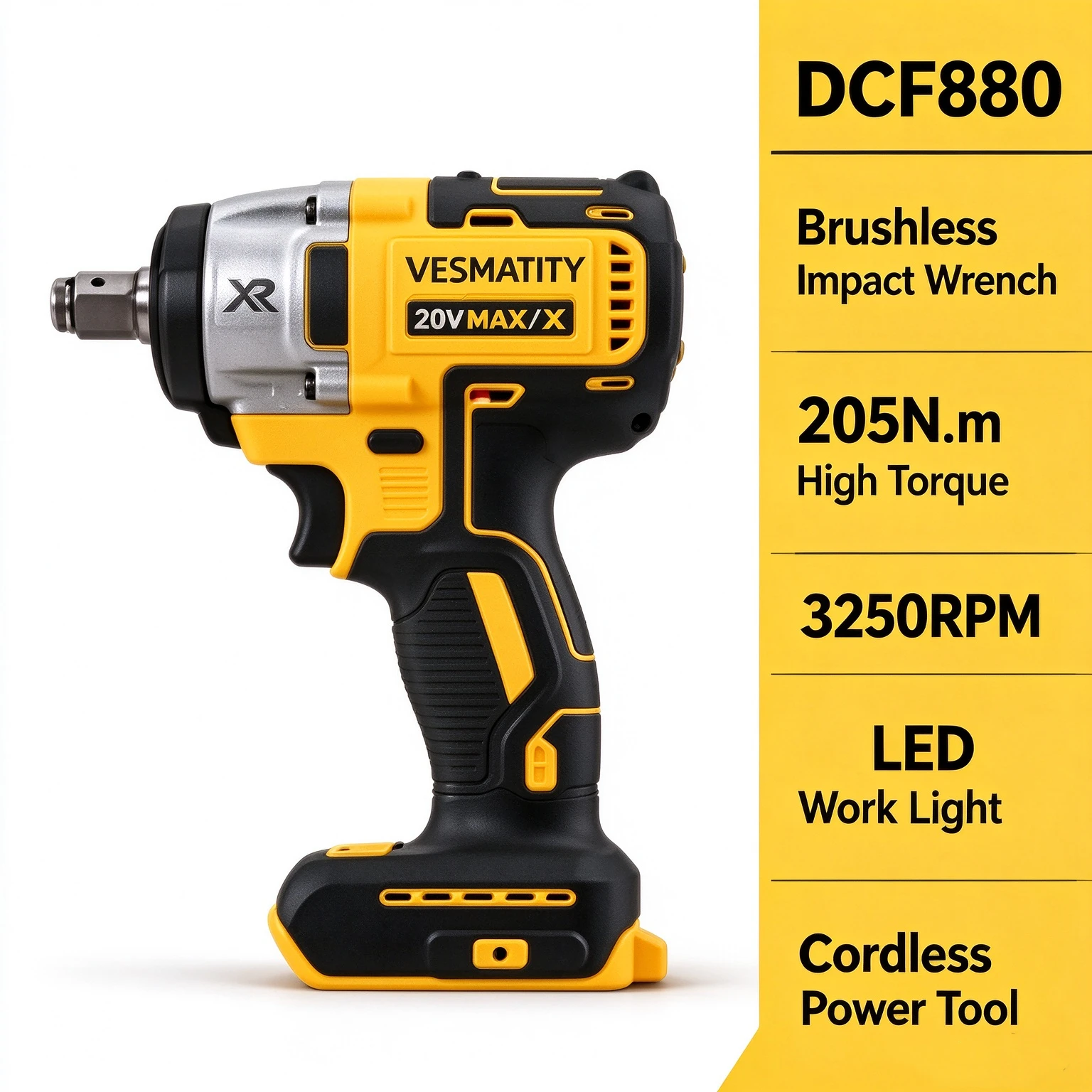 DCF880 Cordless Brushless Impact Wrench 205N.m 3250RPM Wireless Electric Power Tool with LED Light for Home Auto Repair