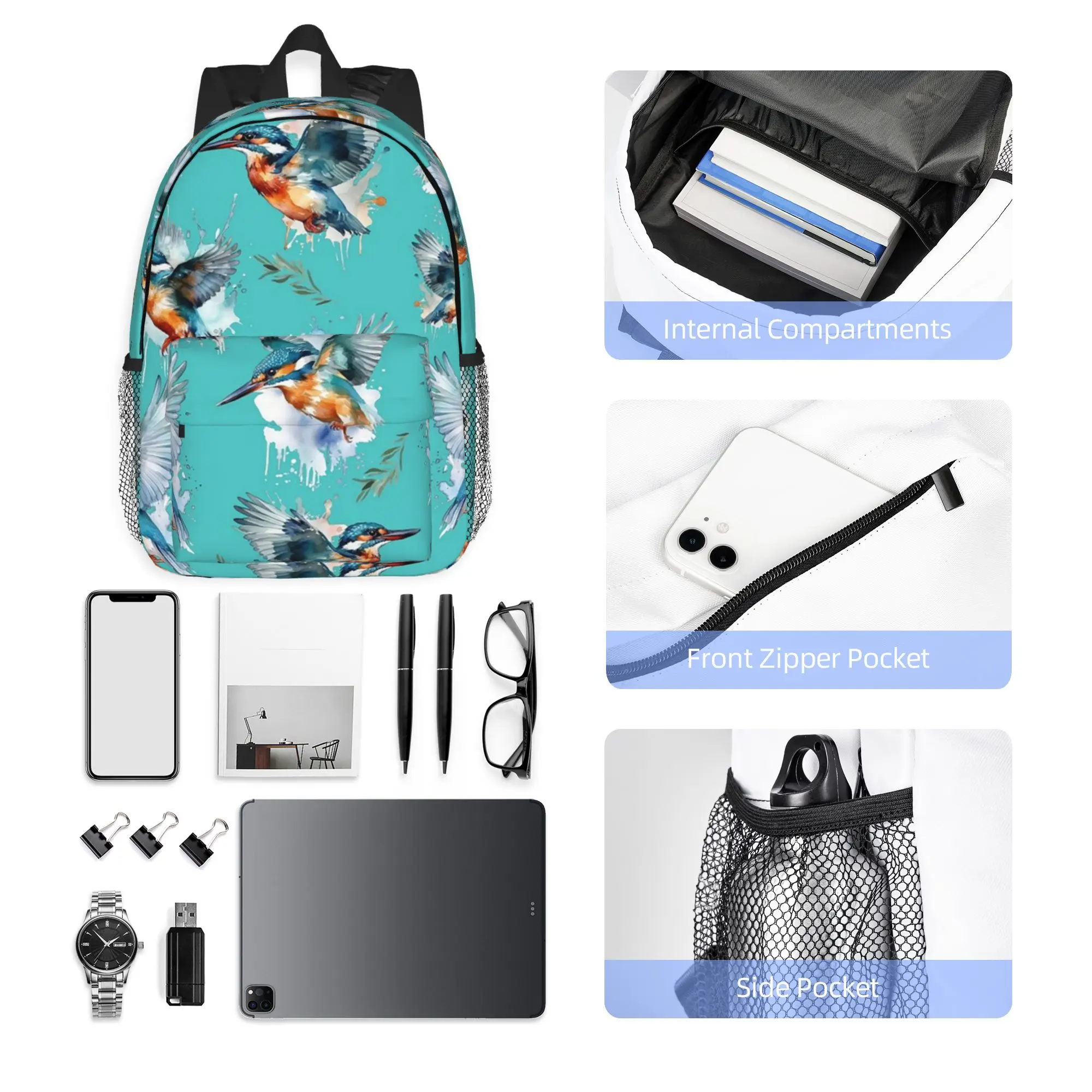 Kingfisher Pattern Backpack Hot Sale Daypack Large Capacity Boys Girls BookBag Shoulder Bags for Men Women School Bag