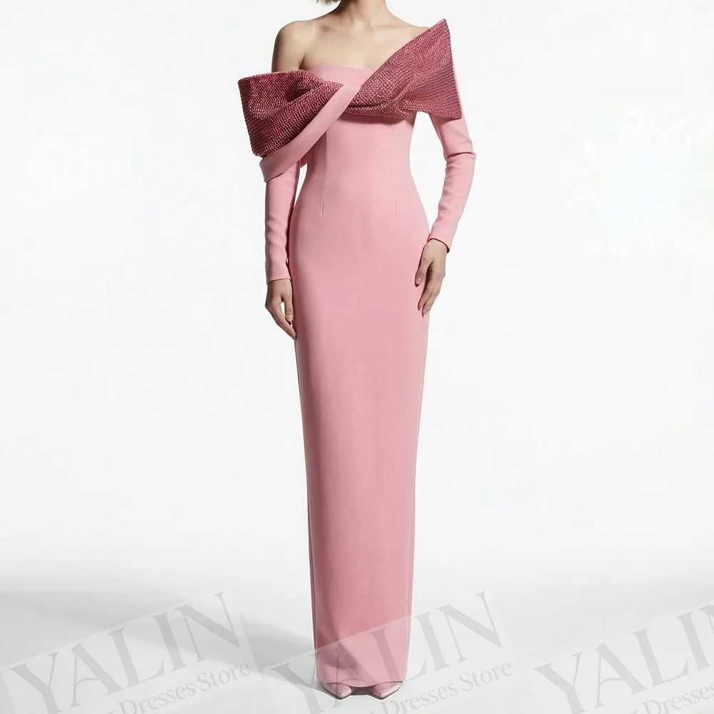 

Women's Straight Evening Dresses Ankle-length Off The Shoulder Full Sleeve Prom Dresses Simple Bow Backless Customized Gowns