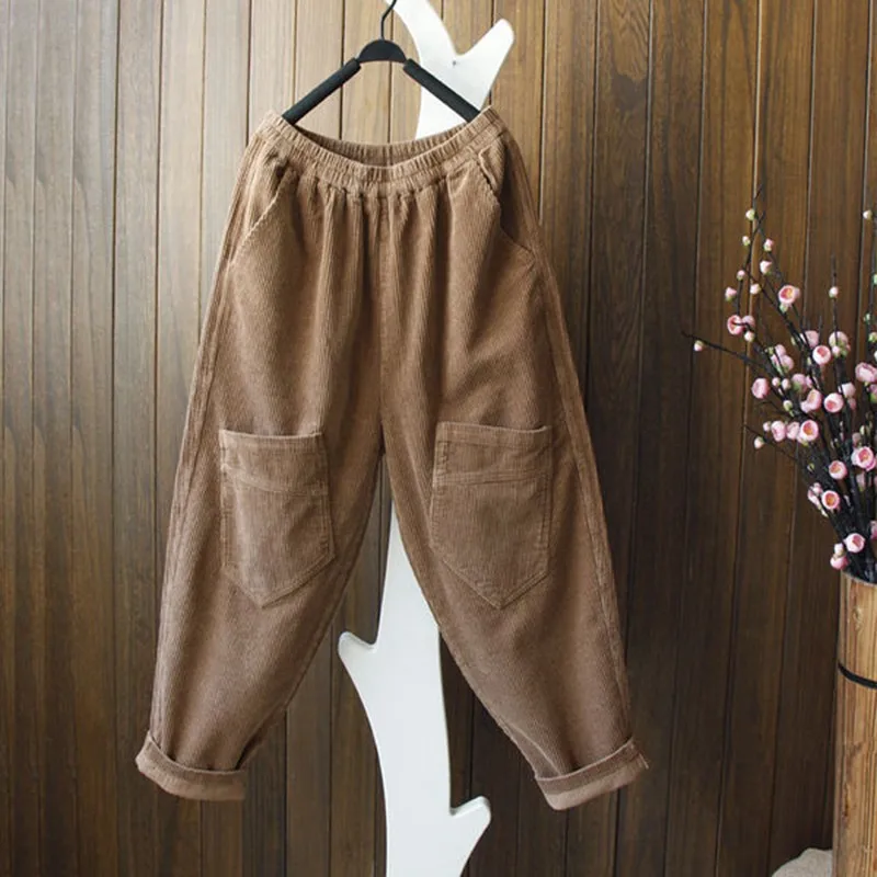 2024 New Arrival Autumn Women Pockets Patchwork Cotton Corduroy Ankle-length Pants Casual Loose  Elastic Waist Harem Pants P29