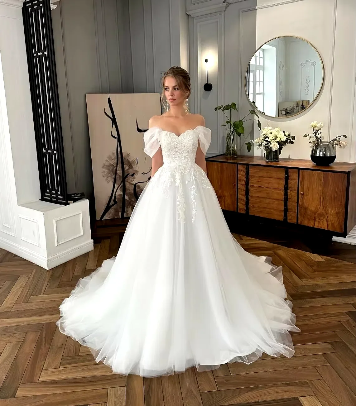 

Classic Backless Off-the-shoulder puffy Sleeves Applique A-line Wedding Dress customized Decal Sweetheart Beach Bridal Dress