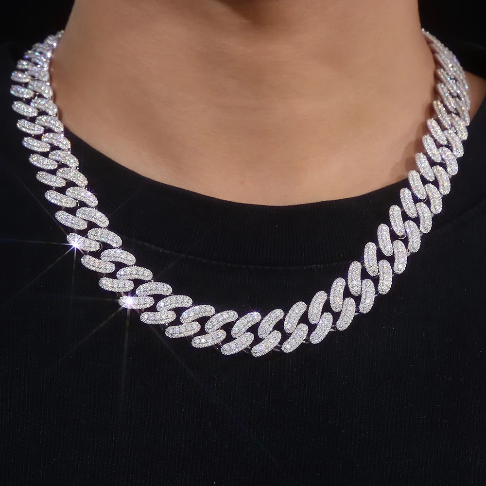 

Provence S925 Silver Cuban Chain for Men Moissanite Round Cut Rapper Bangles Hip Hop Necklace Miami Choker Link Chain for Man