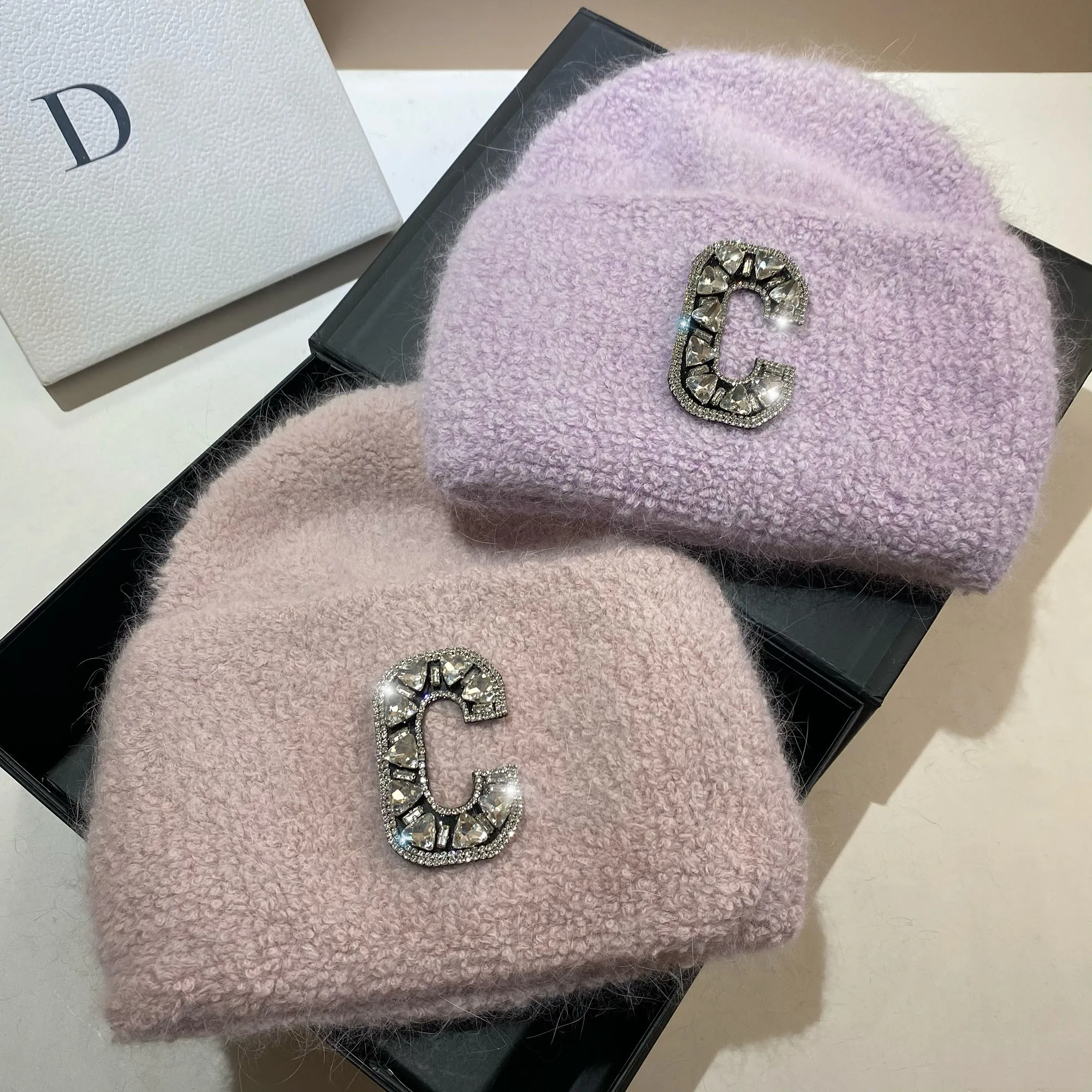 Heavy Industry Rhinestone C Letter Rabbit Fur Knitted Hat Winter Nordic Warmth Thickened Double Folded Ear Protective Wool Hat