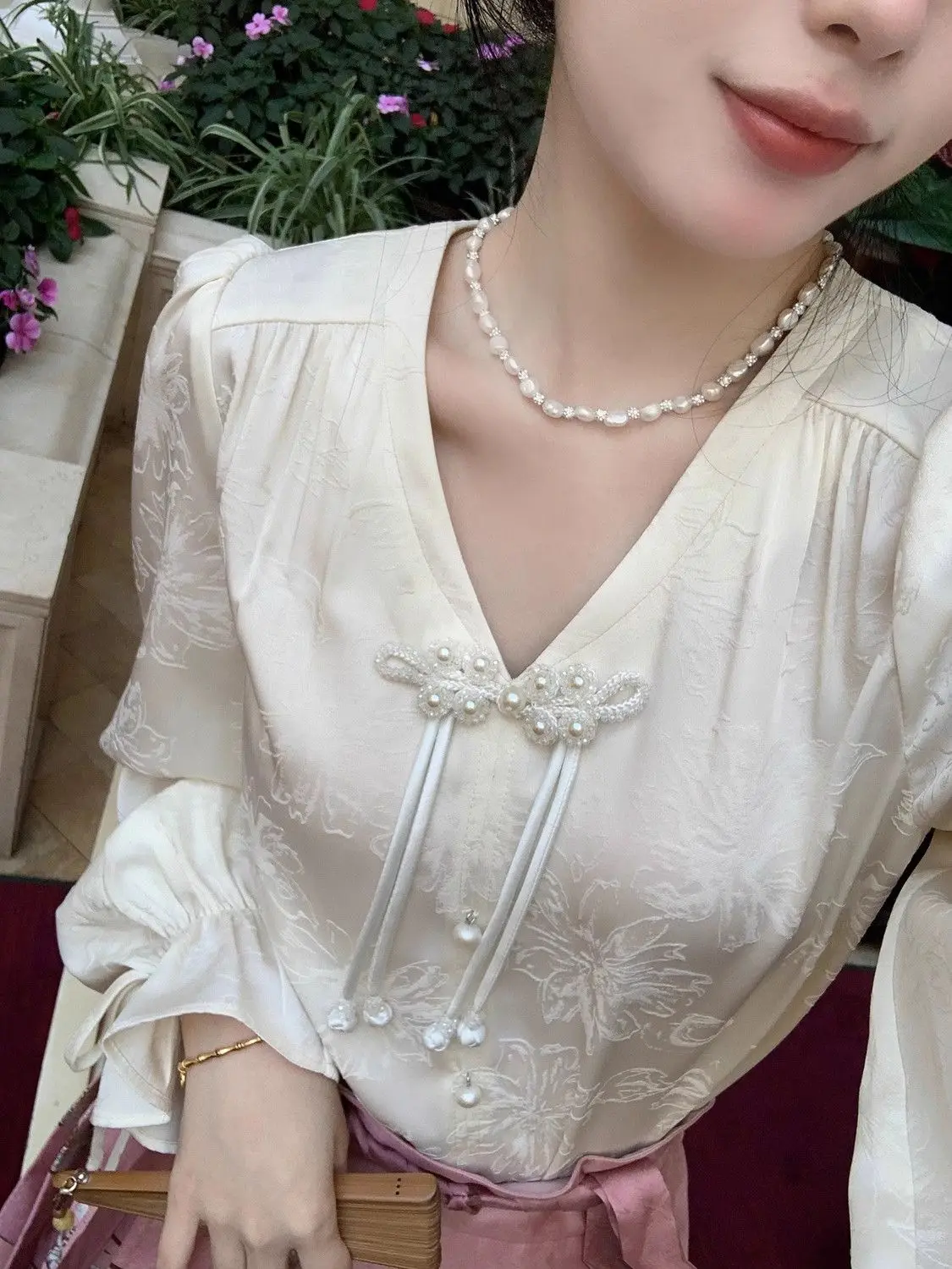 

Summer Autumn New Oriental Style Women v-neck Pearl Button Drawstring tie-dye Shirt Long Sleeve Top Lady Improved Tangsuits Top