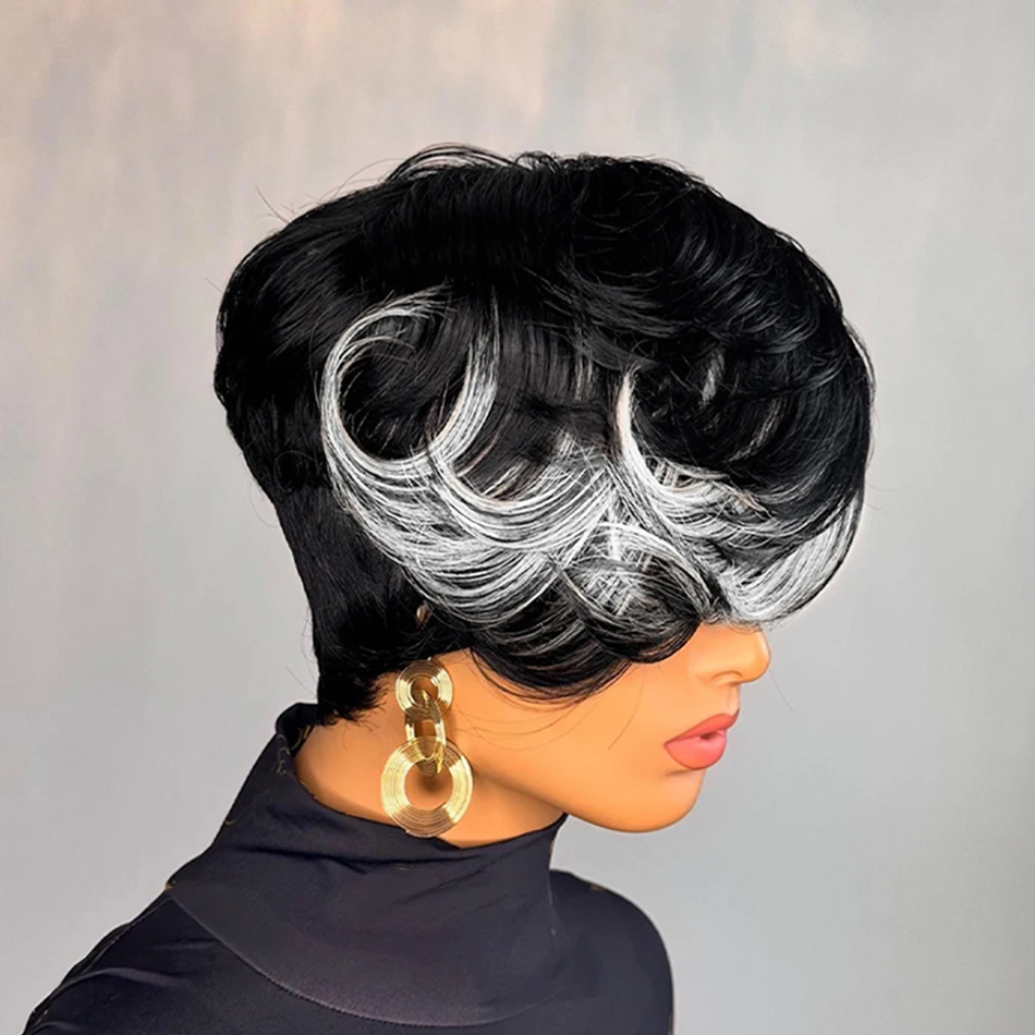 Silver Highlighted Short Layered Pixie Wigs Human Hair 100% Natural Realistic Tangle Free Full Machine Made With Bangs For Women