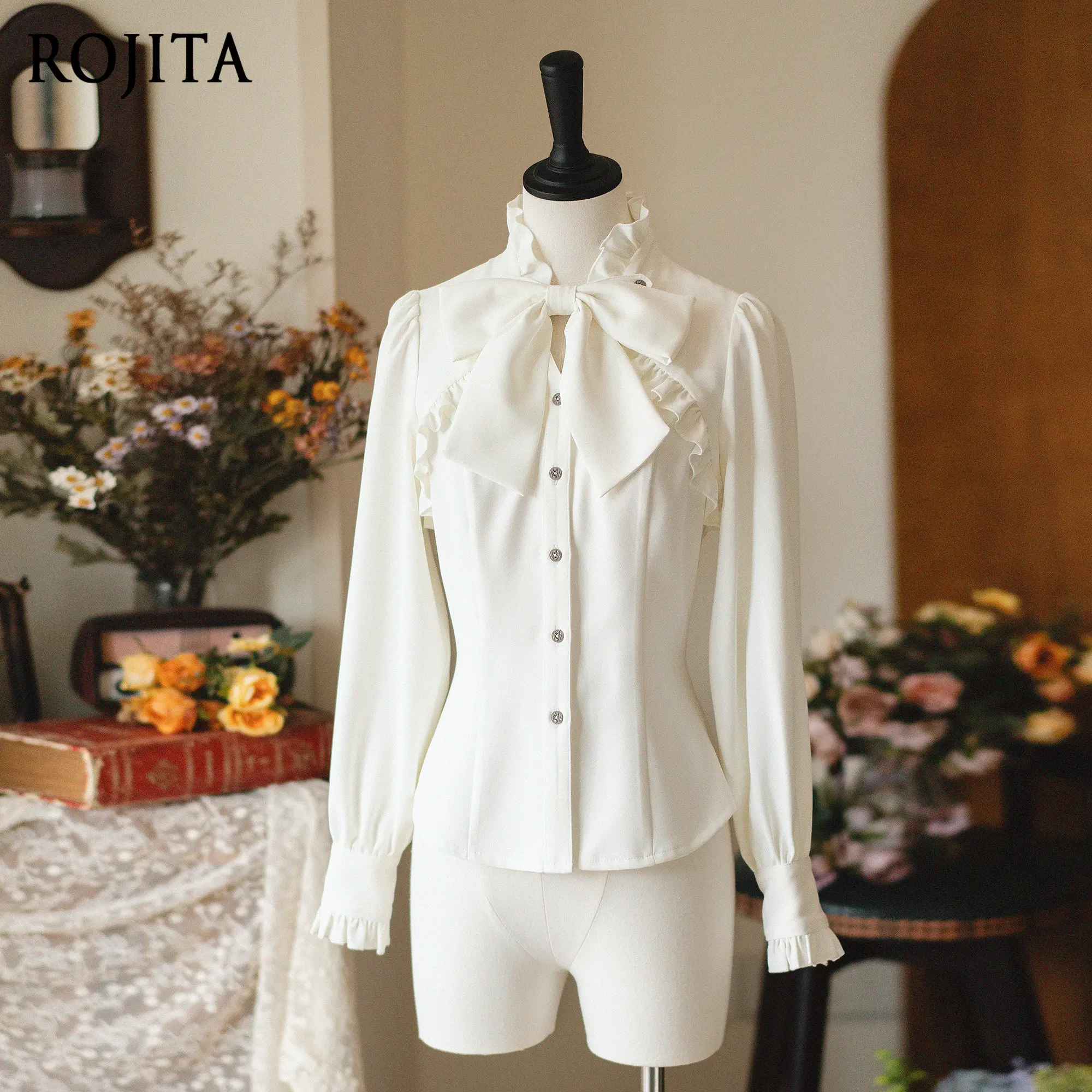 Palace Style Retro Ruffled Small Stand Collar Shirt with Detachable Bow Tie Two Bow Ties Can Be Matched Freely Shirts for Women