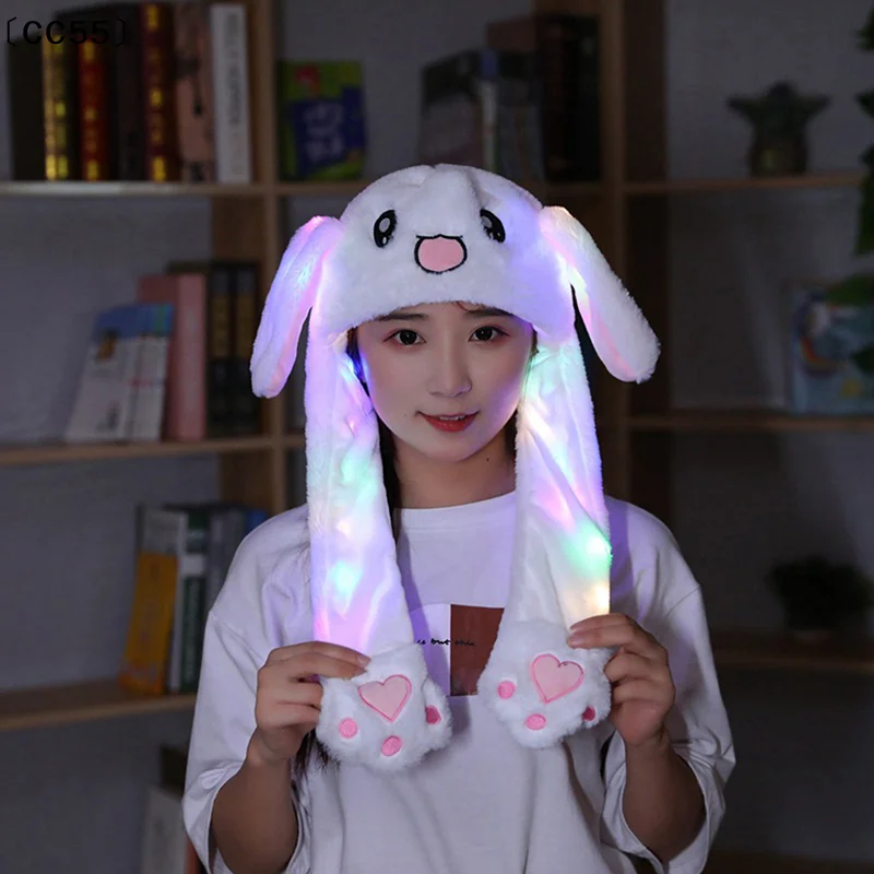 1Pc Glowing Cute Bunny Ears Hat Jumping Rabbit Hat Glowing Ear Moving Bunny Hat Cartoon Cute Plush Hat Toys Gift〔CC55〕