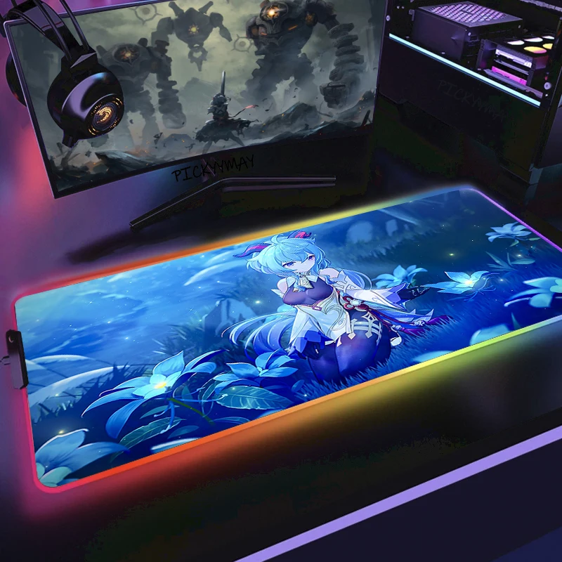 

Large RGB Mouse Mat Genshin Impact Gamer Mousepads LED Gaming Mousepad Ganyu Big Desk Pad Desk Mats Backlit Table Mouse Pads