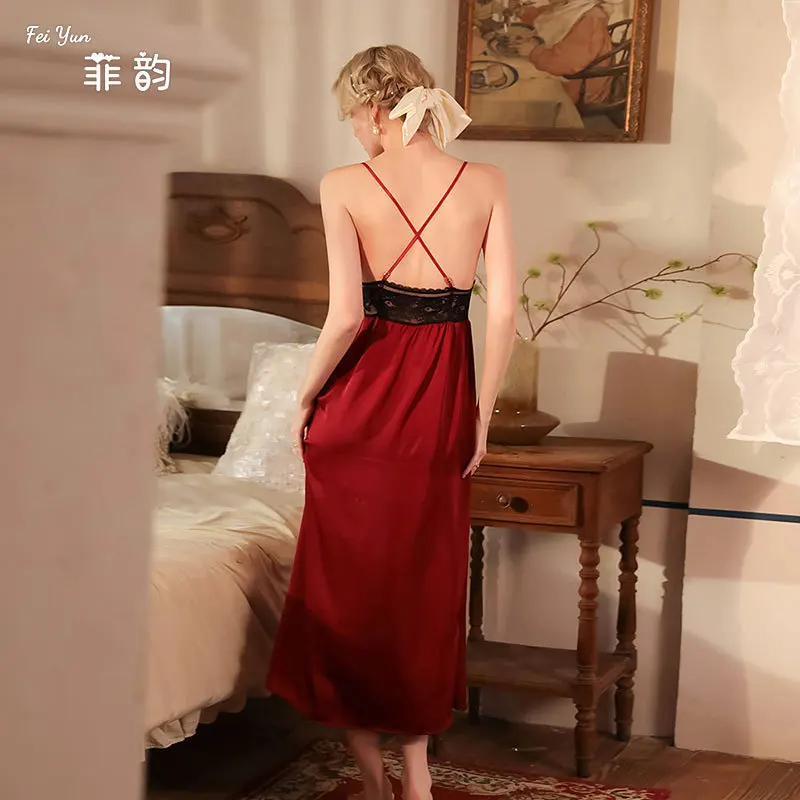 Nightgown Chemise Sleepwear Female Long Suspender Lounge Wear Sexy Nightdress Lingerie New Spring Summer Silk Satin Nightwear