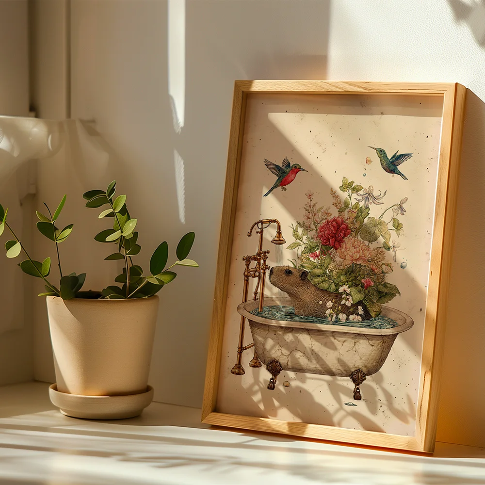 Abstract Capybara In Bathtub With Hummingbird Floral Canvas Wall Decor Picture