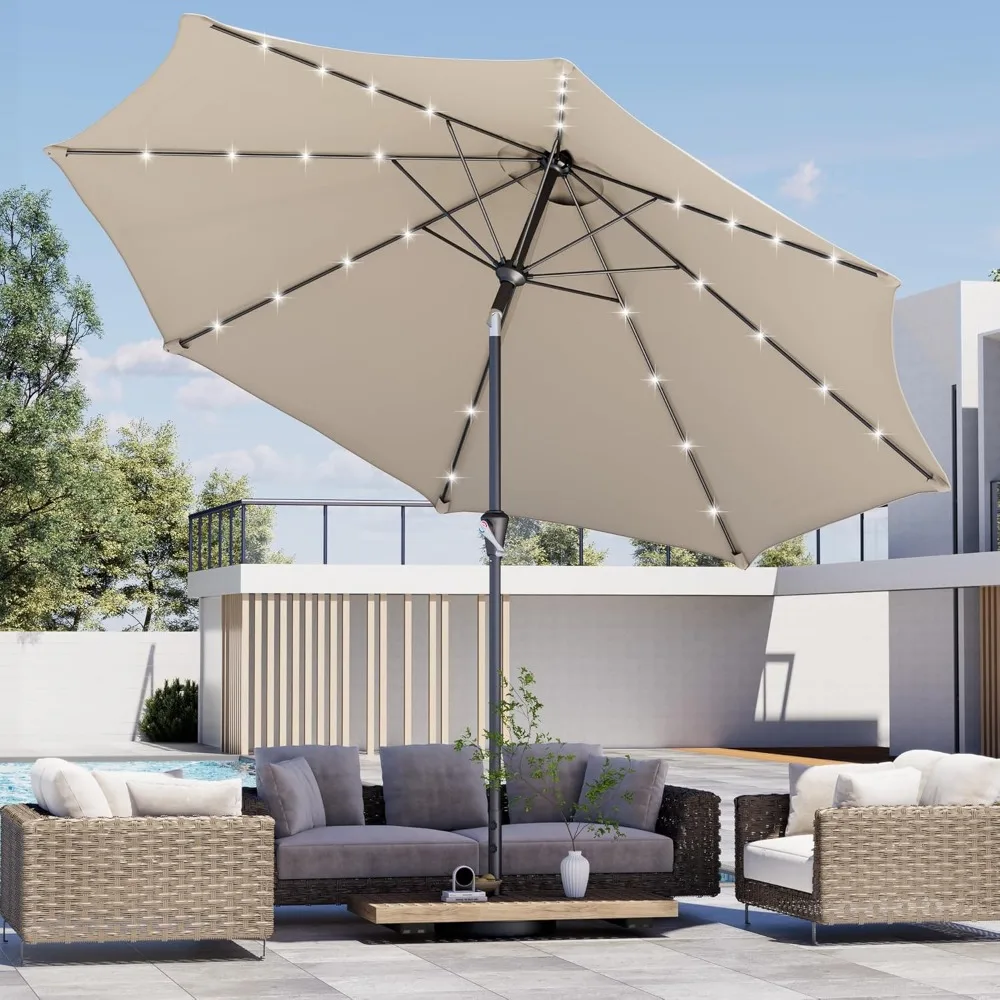 

10FT Outdoor Patio Umbrella with Solar Lights, Market Table Umbrella with Push Button Tilt & Crank, 8 Sturdy Ribs, 32 LED Lights