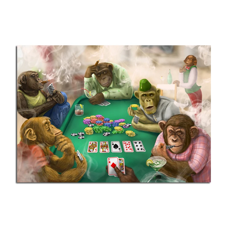 Funny Monkey Playing Poker Canvas Paintings Orangutan Smoking Wall Art Posters and Prints Animal Picture Kid Room Home Decor